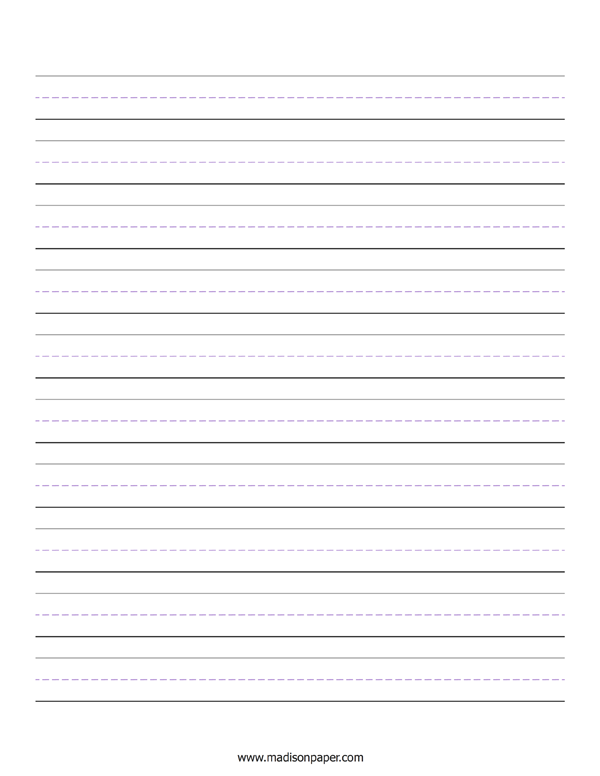 Lined handwriting paper worksheet designed for first graders practicing subtraction