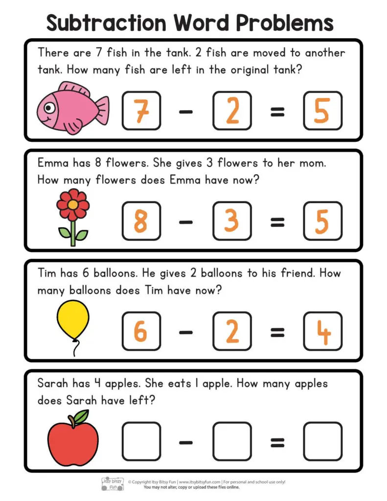 Subtraction Word Problems Worksheet Assessment for First Grade Number 24 First grade student solving a subtraction word problem on an assessment worksheet