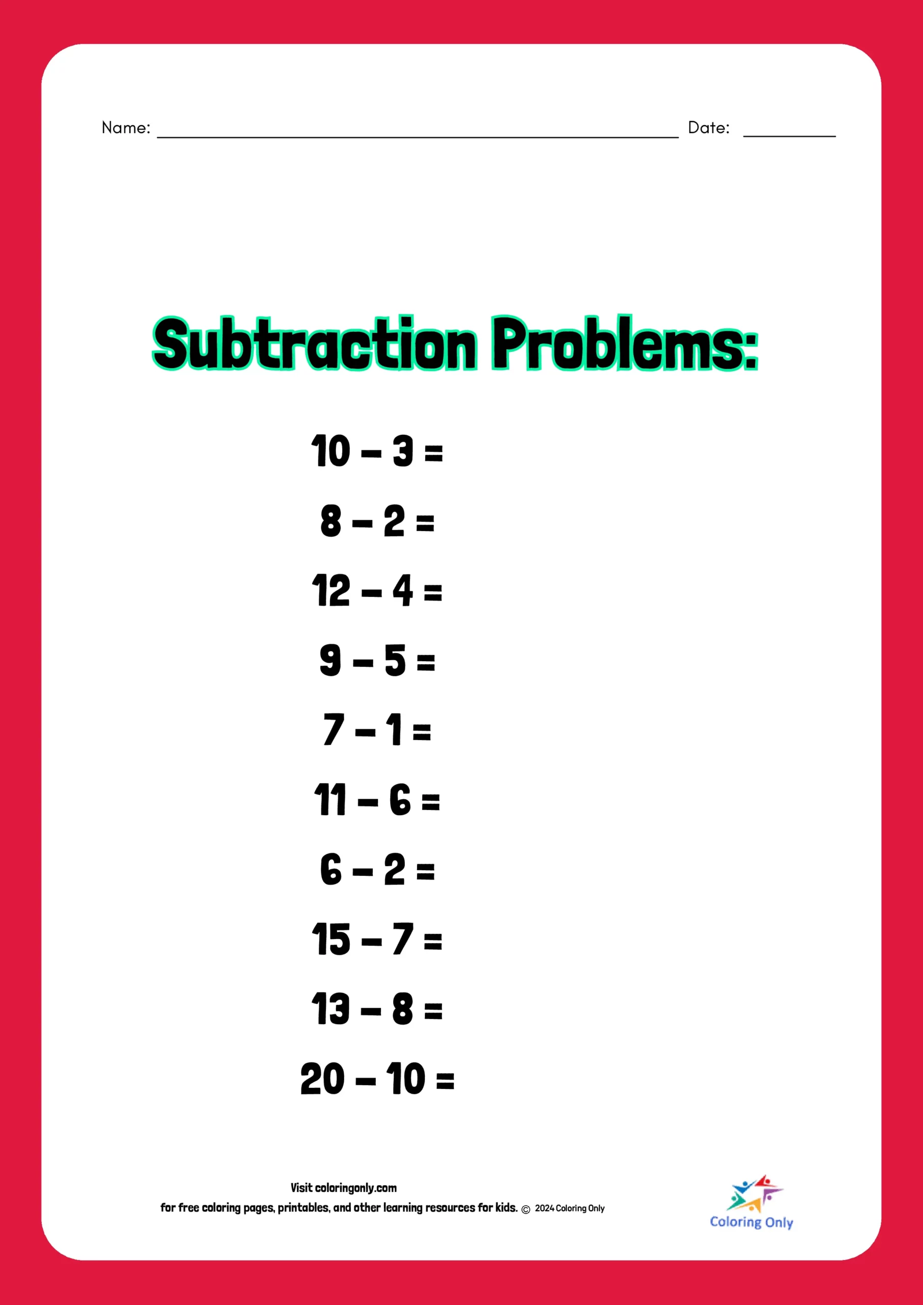 First Grade Subtraction Word Problems Worksheet Number 12 A first grade student solving a subtraction word problem worksheet