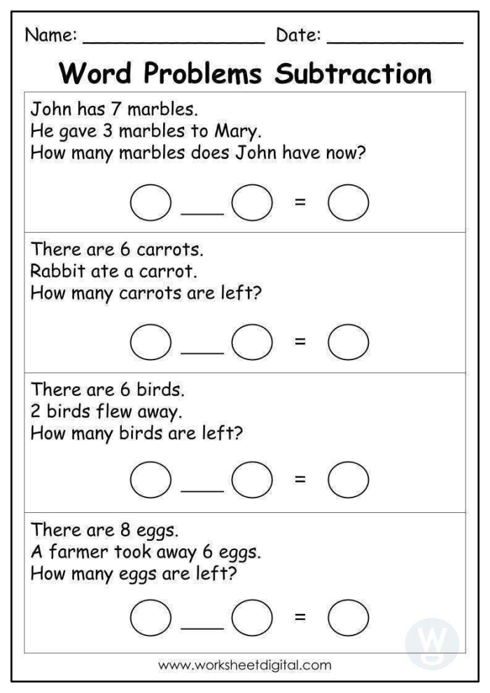 Subtraction Word Problems Worksheet for First Grade Math Assessment 14 First grade student working on a subtraction word problems worksheet to solve real-world math equations