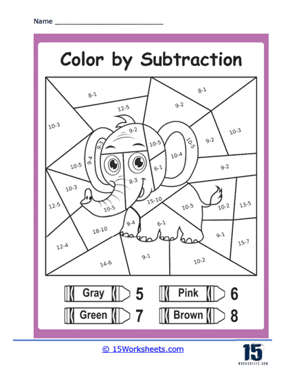 A first grade student solves simple subtraction problems to reveal the hidden colors in this math worksheet.