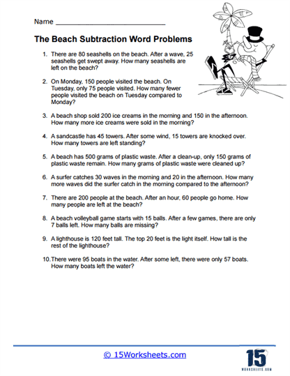 Subtraction Word Problems Worksheet for First Grade Assessment 3 First grade student completing a subtraction word problems math worksheet