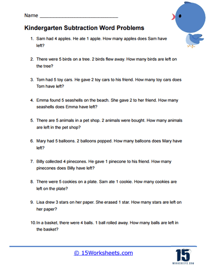 Subtraction Word Problems Worksheet for First Grade Assessment 11 First grade student working on a subtraction word problems math worksheet