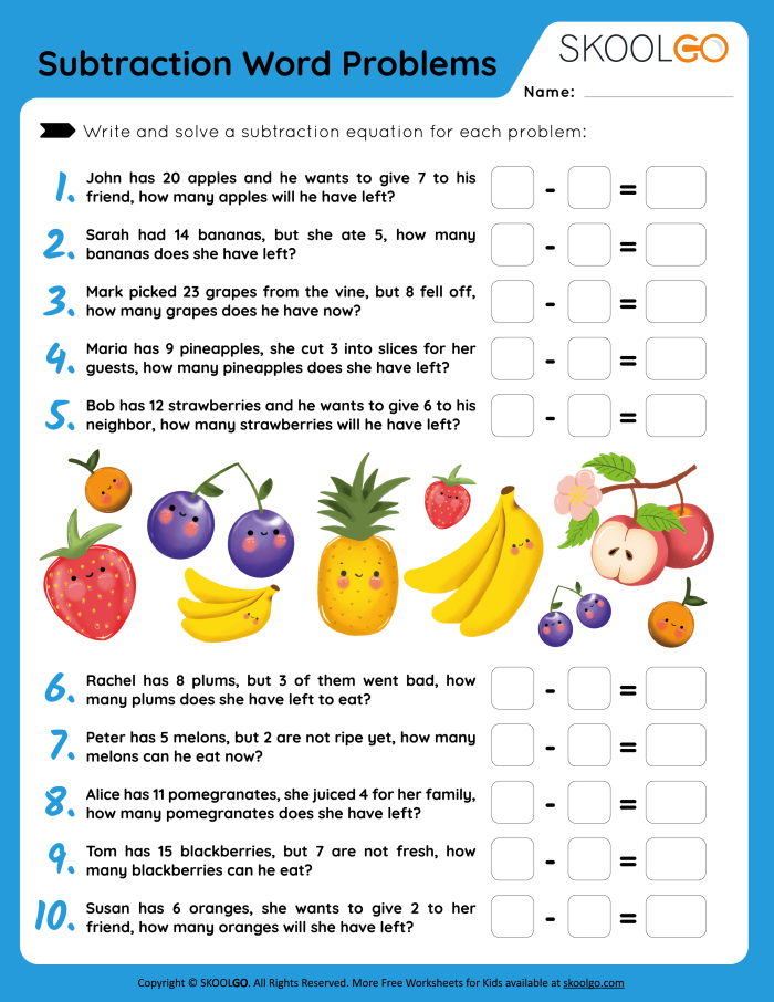Visual guide for evaluating first graders' subtraction skills through word problems First grade subtraction word problems worksheet for math assessment