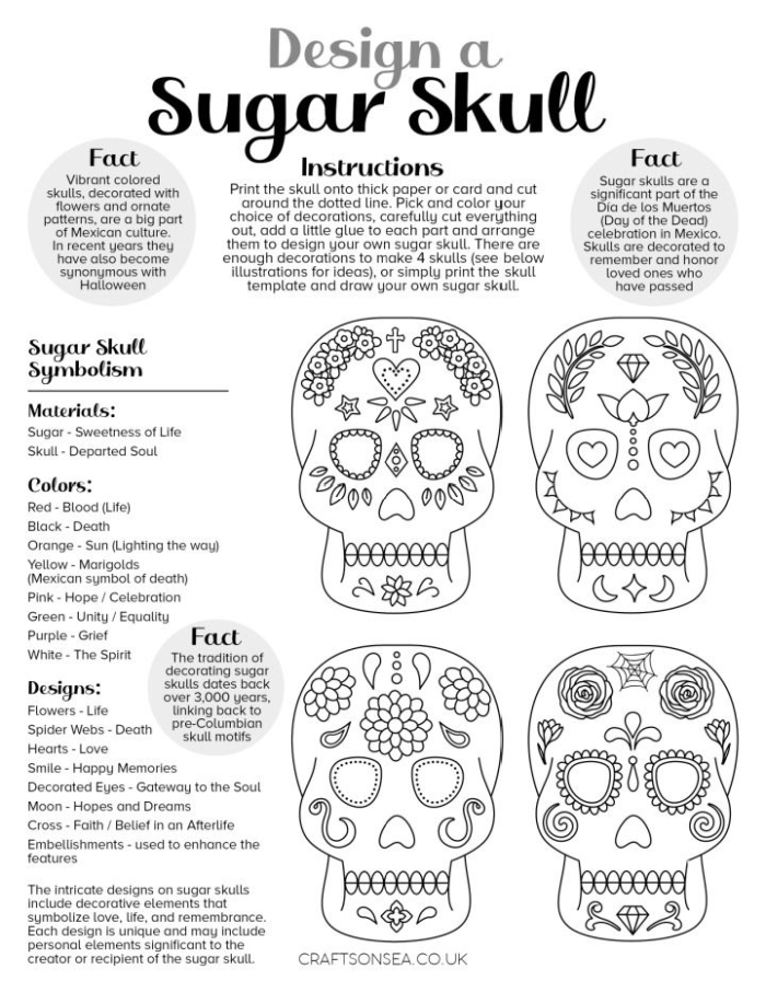First grade student coloring a festive paper sugar skull worksheet for Day of the Dead