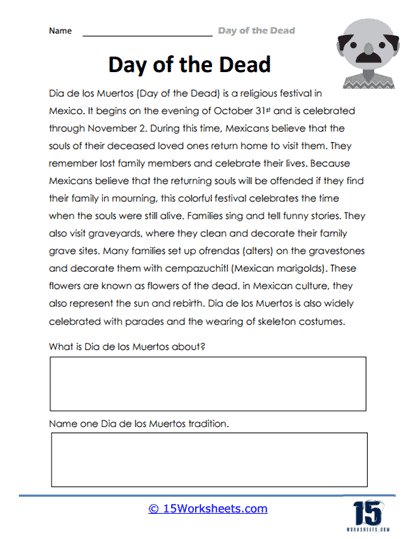 Colorful Day of the Dead skull worksheet for first graders to decorate. Fun paper version of a sugar skull for festive learning!