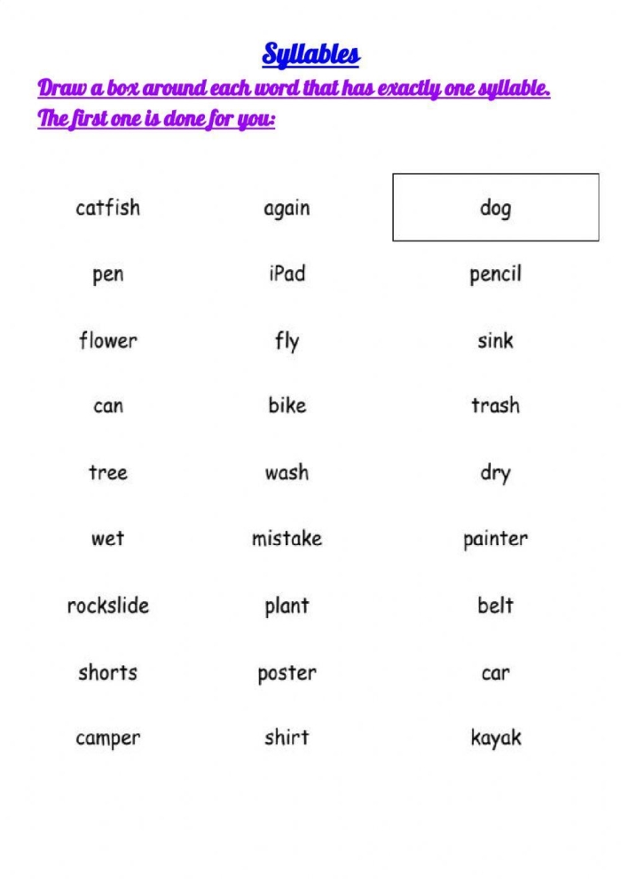 Counting Syllables Part II Geometry Worksheet for First Grade A first grade worksheet for counting syllables in geometry shapes with a clapping activity