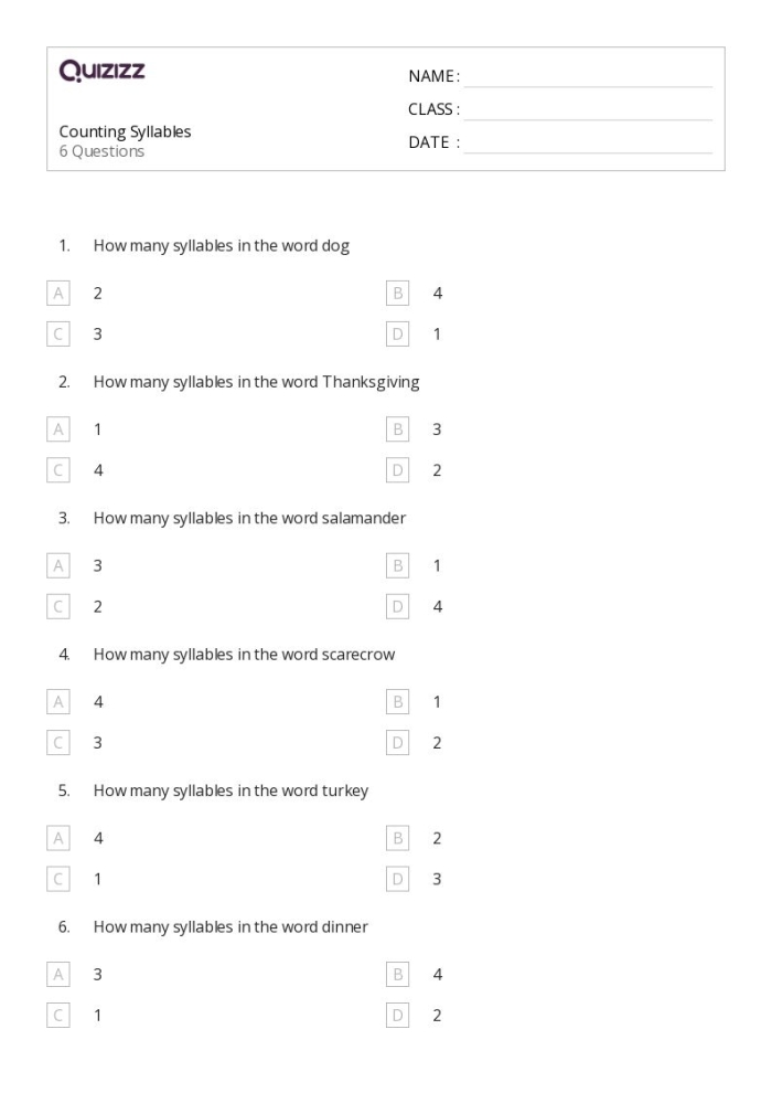 Counting Syllables Part II Educational Worksheet for First Grade First grade student practicing syllable counting with a clapping exercise worksheet