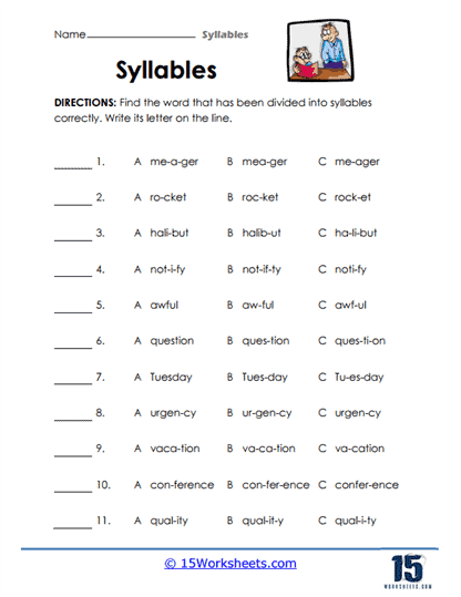 First grade student practicing phonics by counting syllables on a physical science worksheet