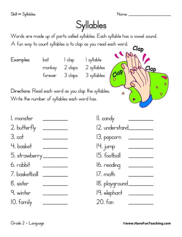 A first grade science themed worksheet focused on counting syllables with clapping illustrations