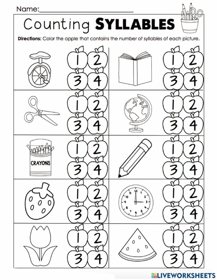 First grade physical science worksheet for counting syllables with clapping illustrations