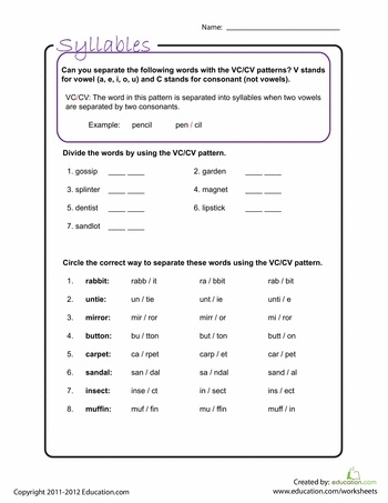 Worksheet 13 showing children's exercise for separating syllables using the VC/V consonant-vowel pattern First grade students practicing syllable division with VC/V pattern words on a worksheet activity