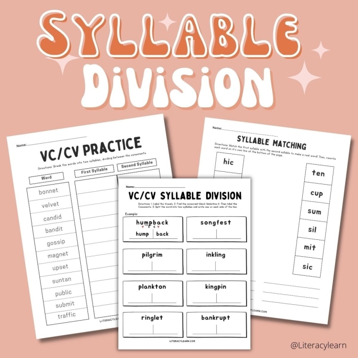Worksheet for practicing syllable separation using the V/CV pattern for first graders
