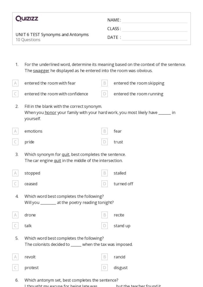 Practice Test Synonyms and Antonyms Worksheet 19 First grade vocabulary worksheet focusing on identifying synonyms and antonyms