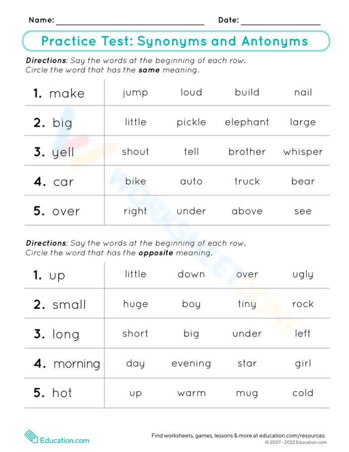 Engaging practice test for first graders to enhance their vocabulary skills First grade vocabulary worksheet focusing on synonyms and antonyms practice