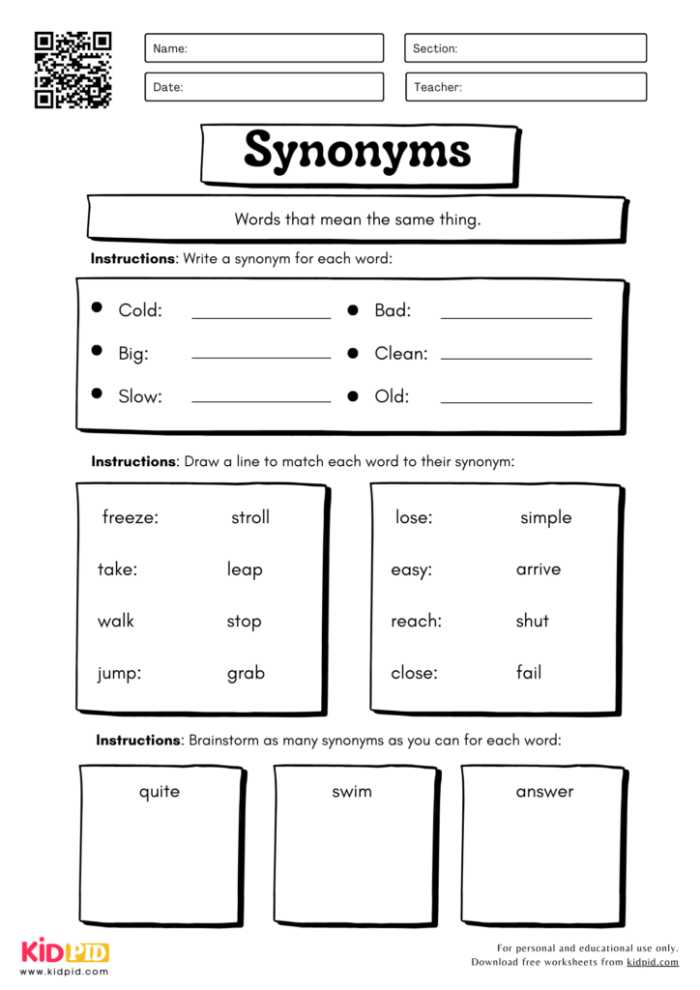 Synonyms Worksheet 2 for Early Elementary Language Arts First grade vocabulary builder activity showing synonym word pairs with matching exercises