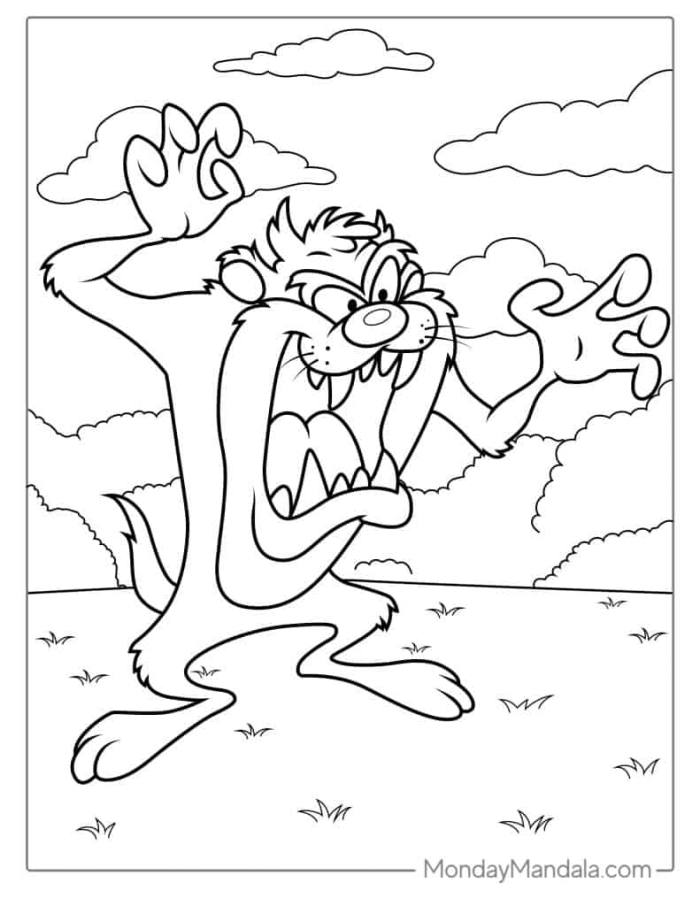 A colorful educational worksheet for first graders featuring a detailed illustration of a Tasmanian devil for science learning