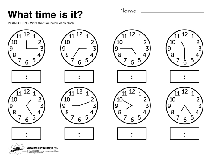 Writing worksheet for First Grade First grade students completing the Telling Time: Showtime! worksheet by drawing clock hands. Worksheet image featuring kids practicing digital to analog time conversion.