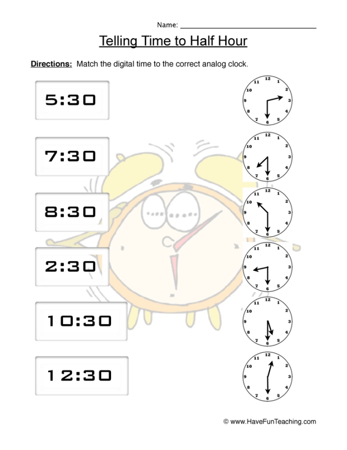 Half Hour Match-Up worksheet designed for first graders to practice telling time