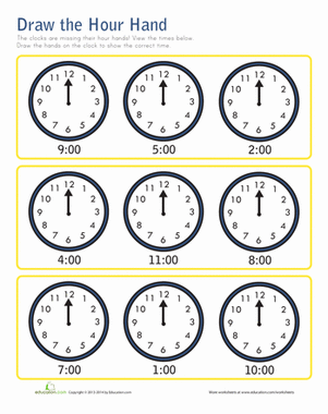 Worksheet for practicing telling time on the hour for first graders