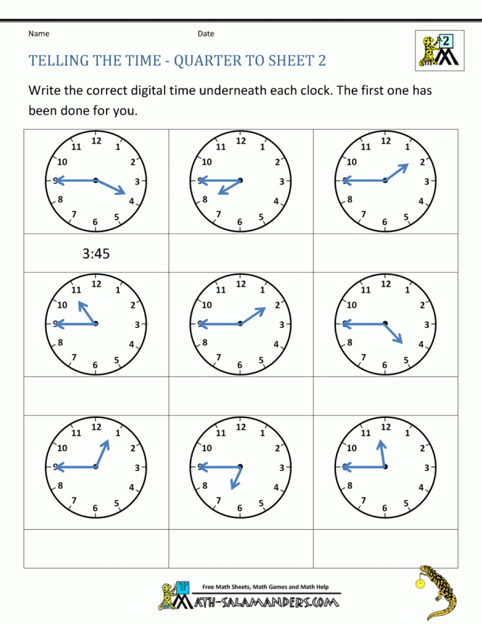 Telling the Time 2 worksheet for phonics learning in first grade Printable worksheet for first graders to practice telling time with clock hands