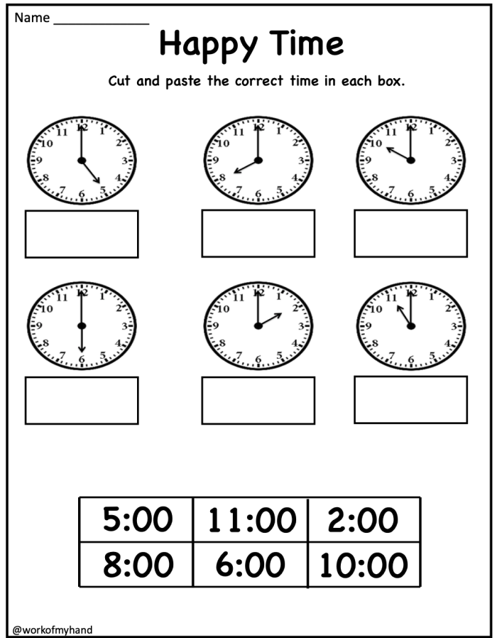 Colorful worksheet for first graders to practice telling time to the hour on an analog clock