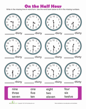 First grade math worksheet showing Clockwork Cat helping students practice telling time to the half hour on analog clocks