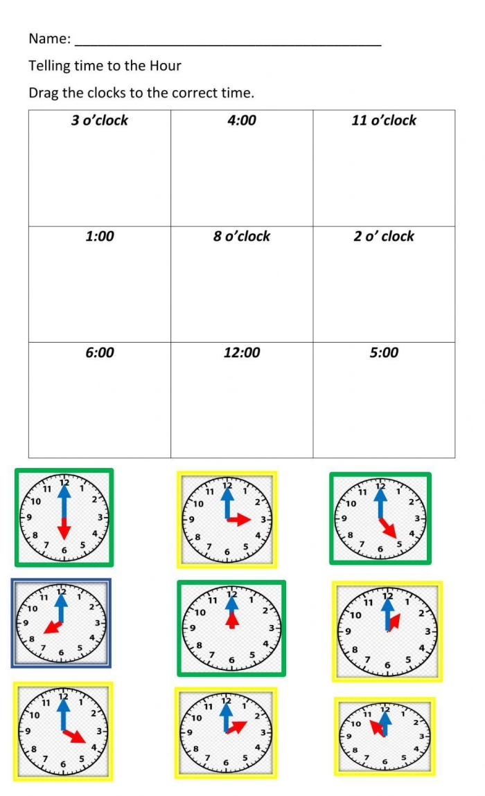 Colorful first-grade worksheet for practicing telling time to the hour on an analog clock