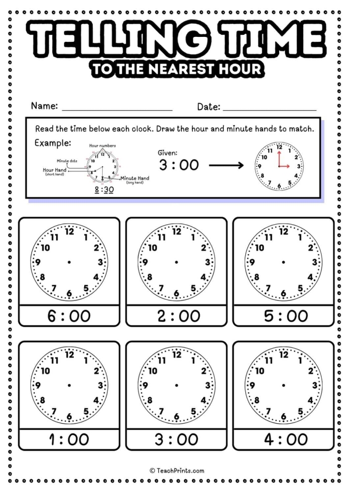 Colorful worksheet for first graders practicing telling time to the hour on an analog clock