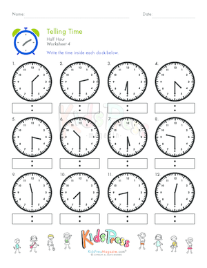 First grade geometry worksheet for practicing telling time on the hour with matching clocks. On the Hour worksheet for first graders to enhance time-telling skills.