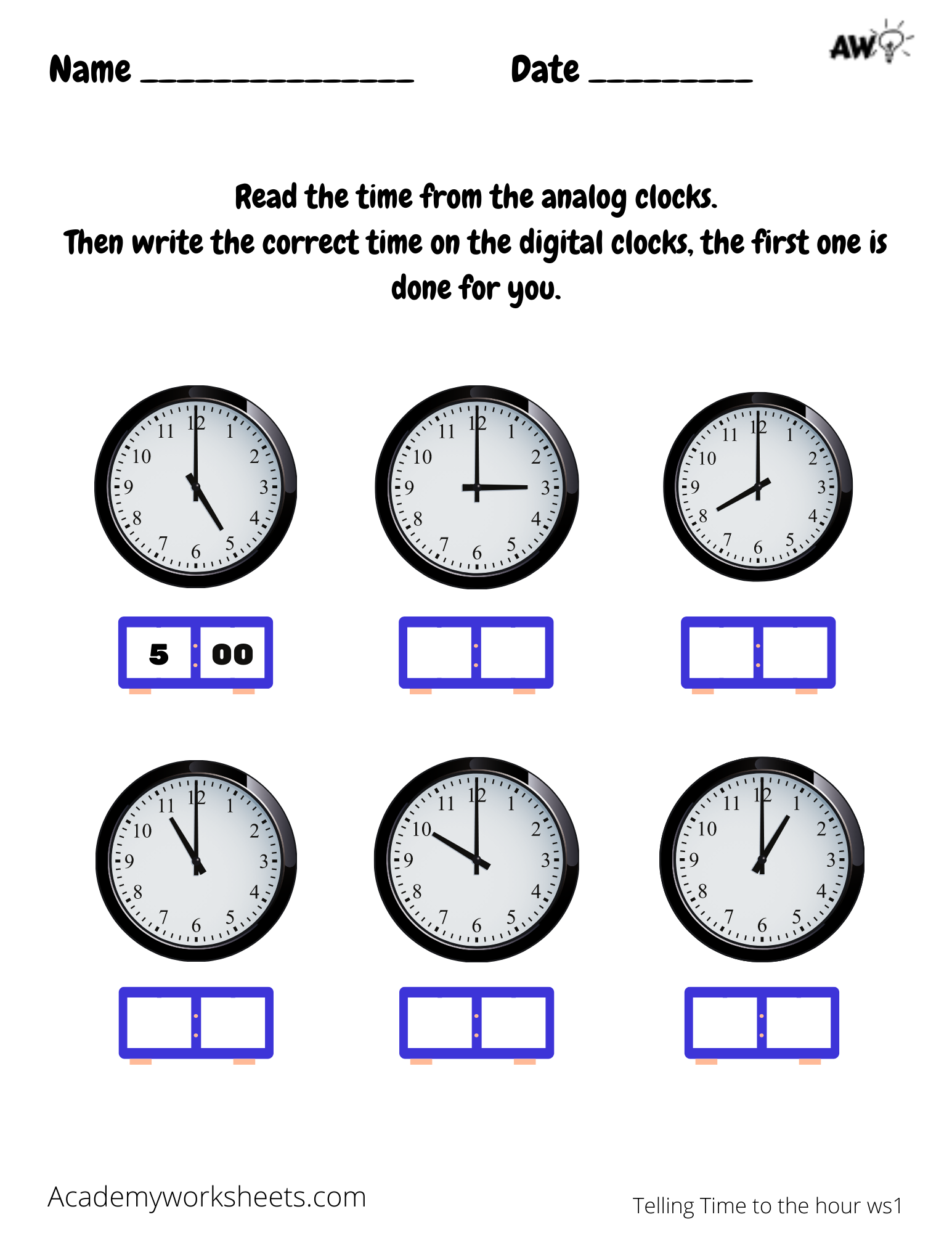 Colorful worksheet for first graders to practice telling time to the hour on an analog clock