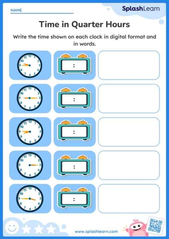 First grade geometry worksheet featuring multiple analog clocks for practicing telling time on the hour