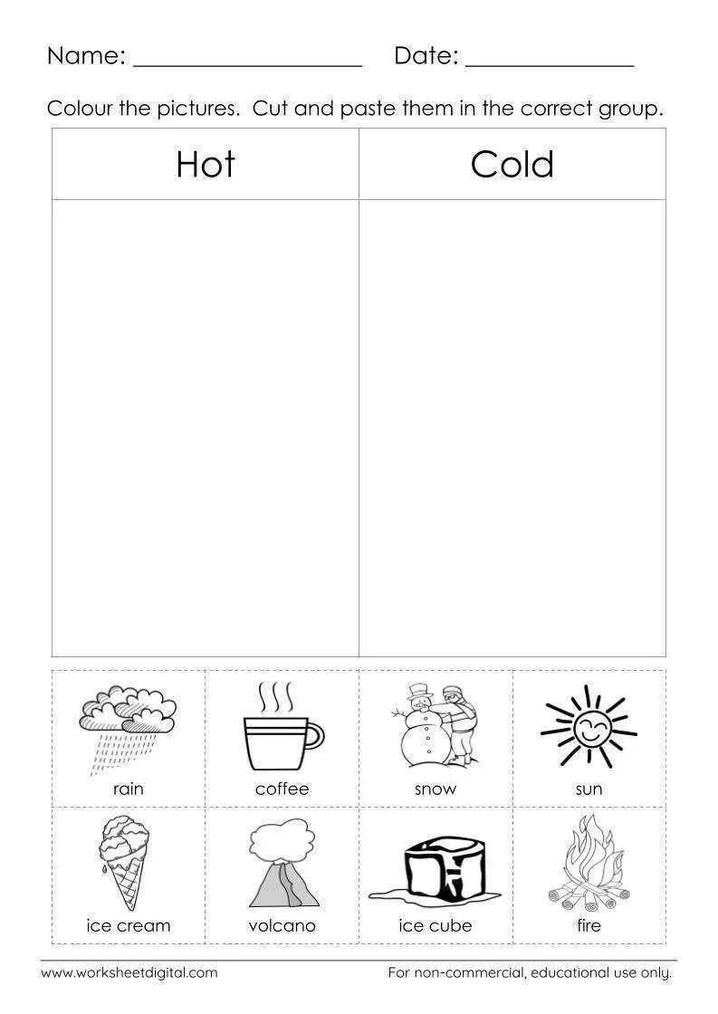 Temperature Hot or Cold matching activity for young learners with clothes and thermometers First grade worksheet showing children matching winter and summer clothing items to hot and cold thermometer temperatures