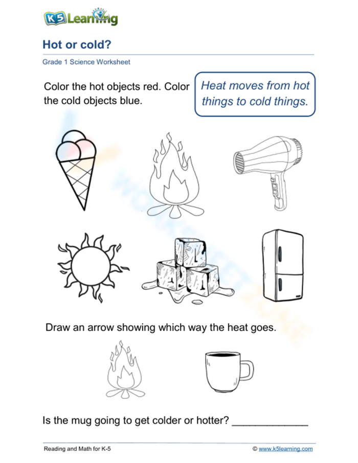 Temperature clothing matching activity for early elementary science learners First grade worksheet showing children matching clothing items to hot and cold thermometer temperatures