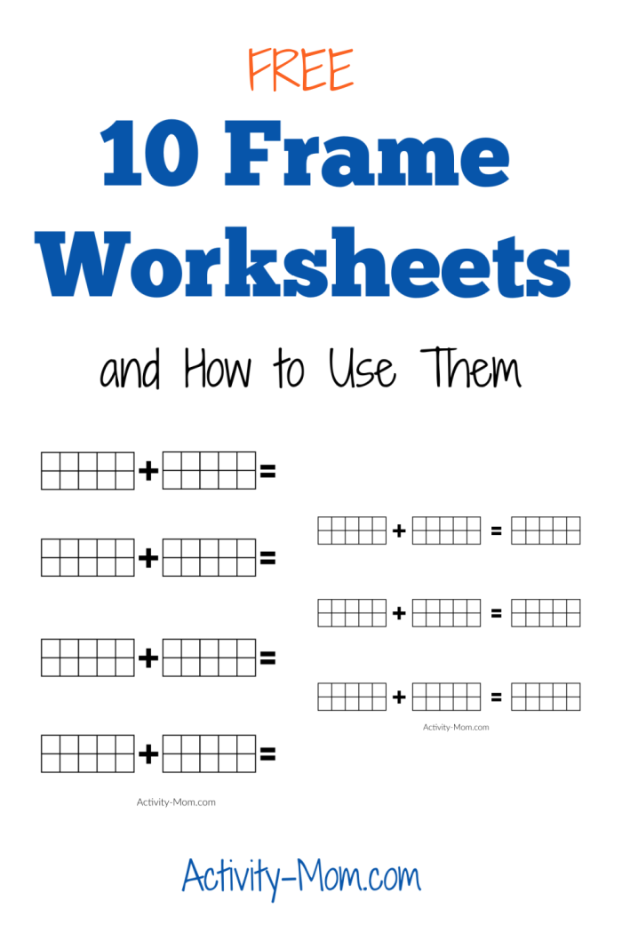 First grade math worksheet showing addition problems within 20 using ten frames as a visual tool
