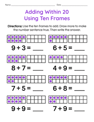 First grade math worksheet showing ten frames with counters for adding numbers within 20