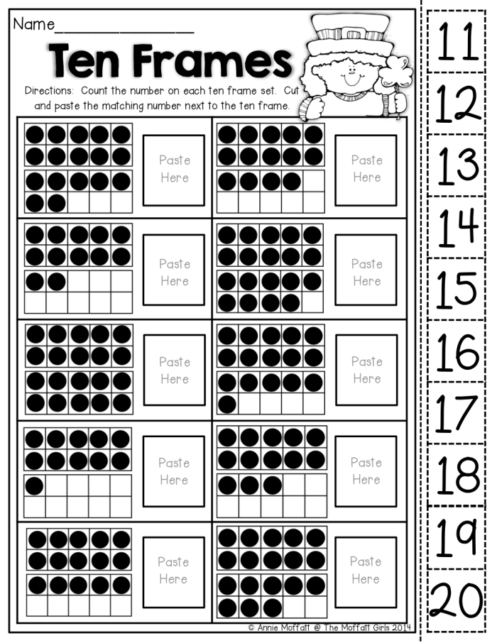 First grade math worksheet showing ten frames with dots and numbers for addition practice within 20