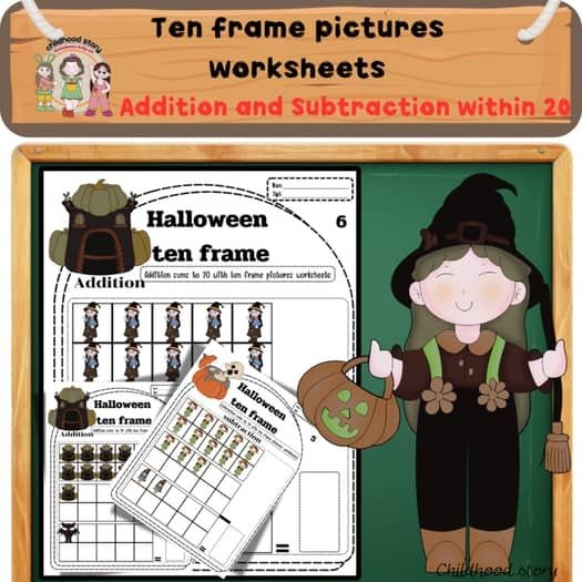 First grade math worksheet showing subtraction problems within 20 using ten frame diagrams