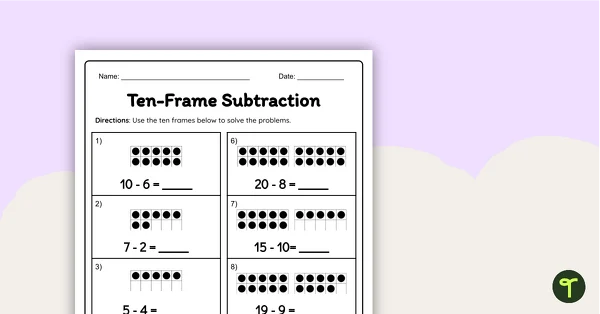 First grade math worksheet for subtracting numbers within 20 using ten frames
