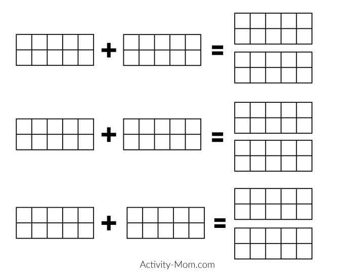 First grade math worksheet for adding numbers up to 20 with ten frames