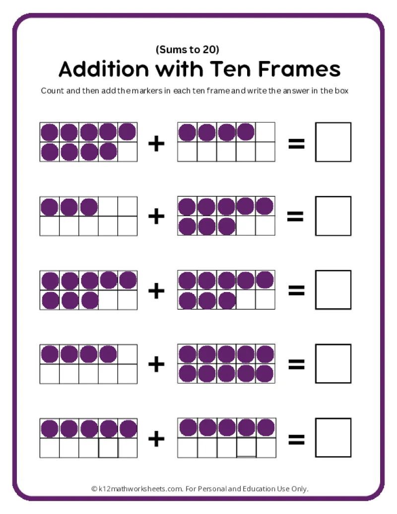 First grade math worksheet showing ten frames with dots and circles for adding numbers within 20