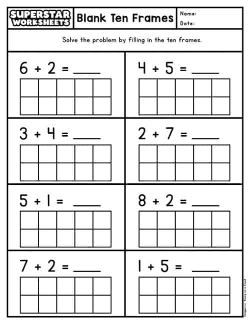 First grade math worksheet showing ten frames with dots and numbers for adding within 20