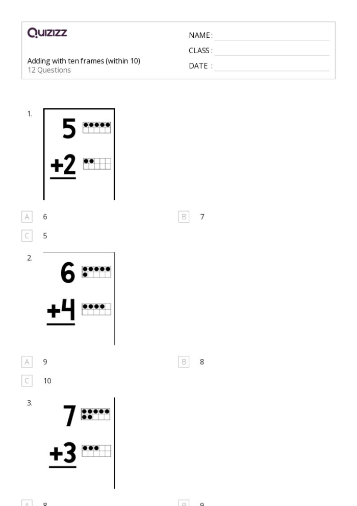 First grade math worksheet showing ten frames with dots and numbers for adding within 20
