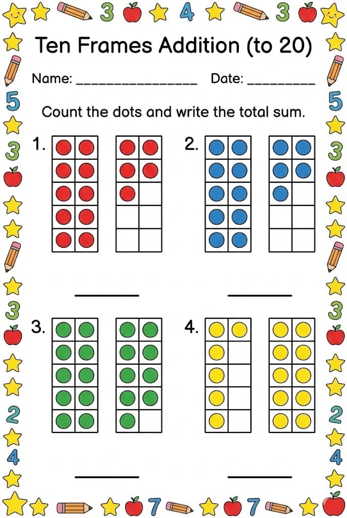 First grade math worksheet showing ten frames with circles and numbers for adding within 20