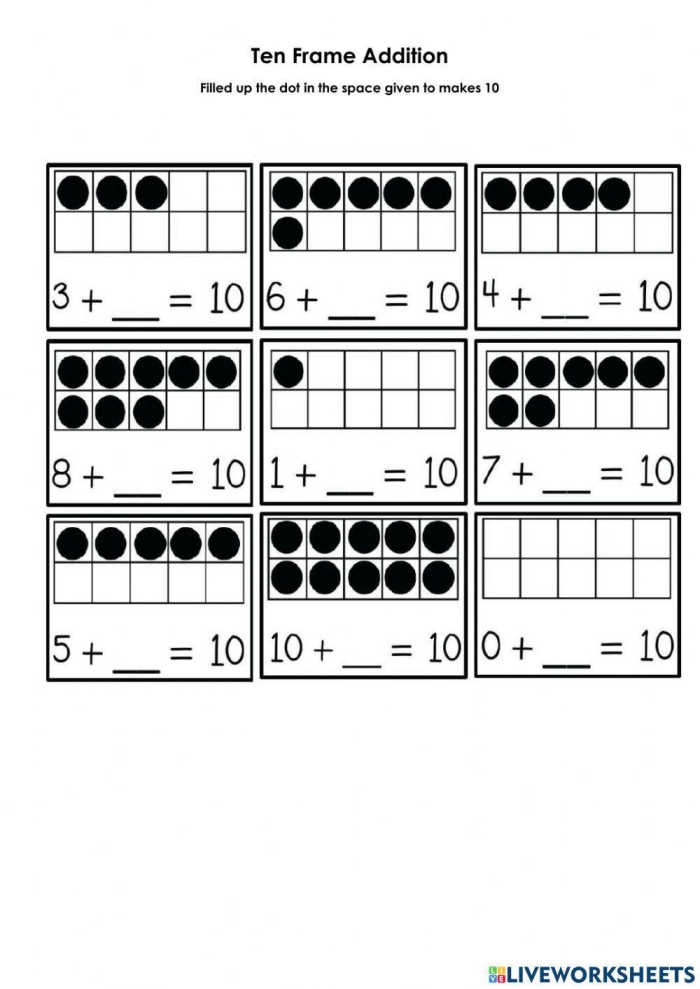First grade math worksheet showing ten frame diagrams with dots and numbers for adding within 20