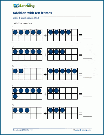 First grade math worksheet showing ten frames with counters for adding numbers within 20