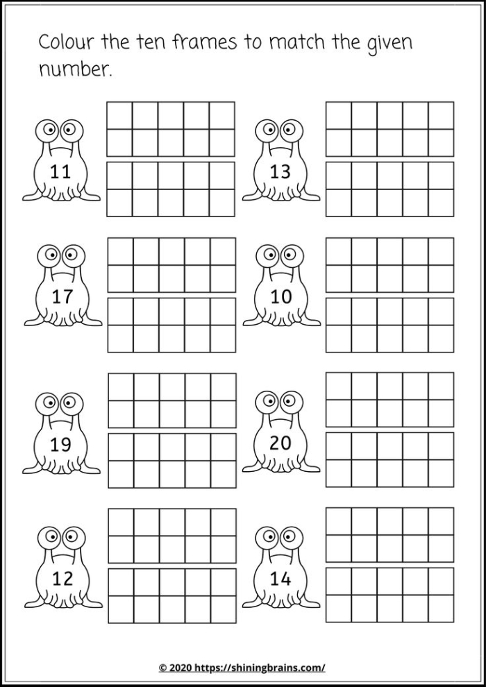 First grade math worksheet showing ten frames with counters for adding numbers within 20