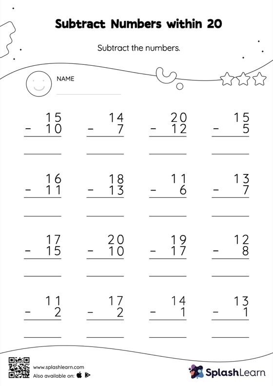 Subtracting Within 20 Using Ten Frames: Missing Numbers worksheet for first graders Friendly subtraction worksheet featuring ten frames to practice finding missing numbers within 20