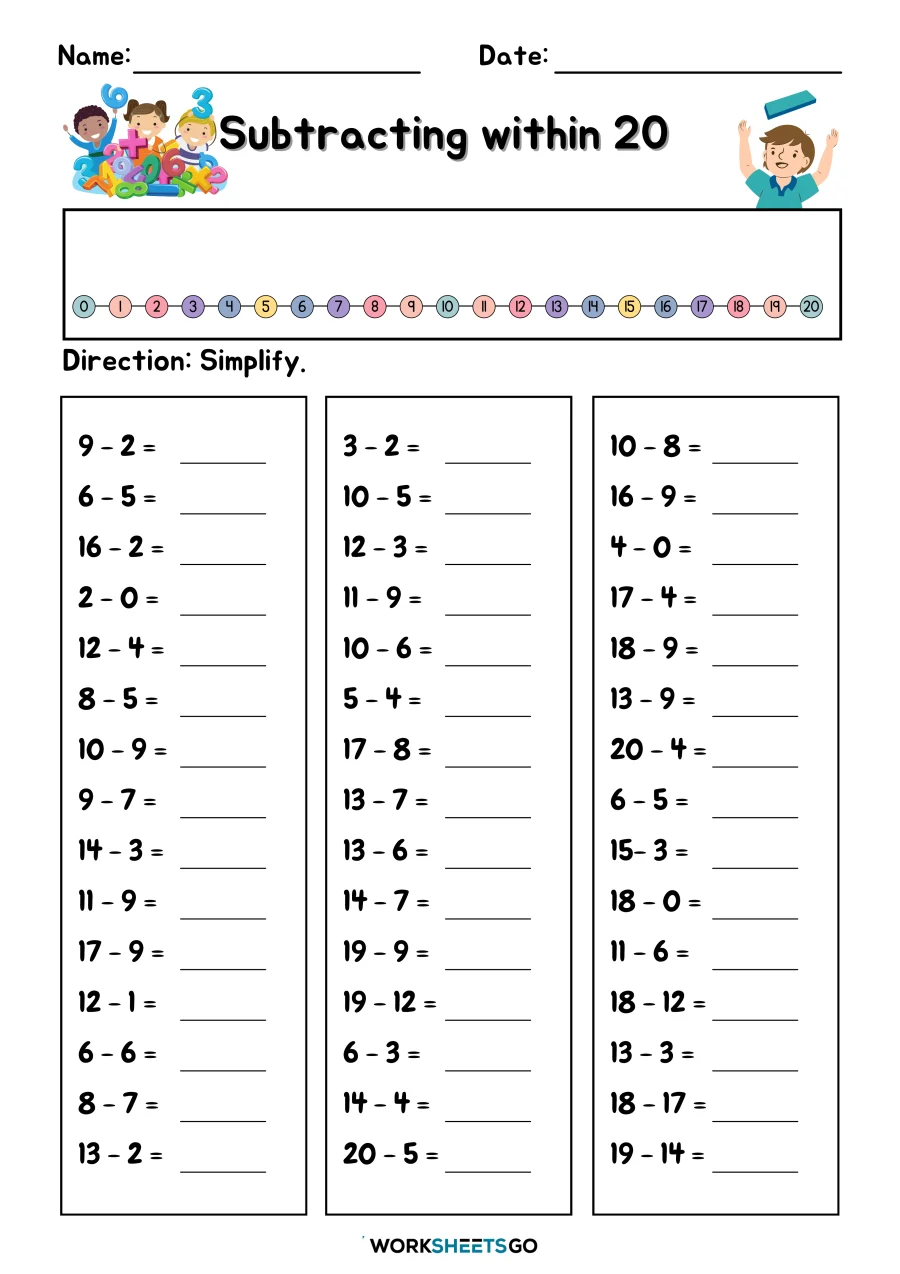 Friendly subtraction worksheet featuring ten frames for missing numbers practice Subtracting within 20 using ten frames for first graders to practice finding missing numbers