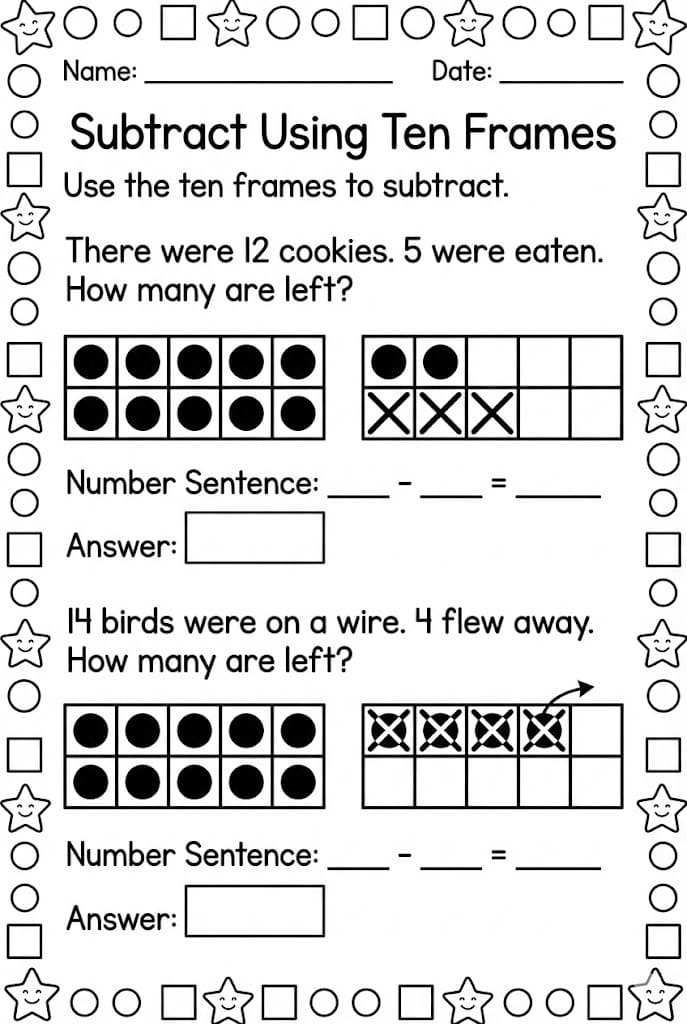 First grade math worksheet showing subtraction problems within 20 using ten frames